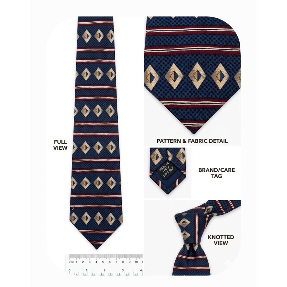 Perry Ellis Portfolio Mens Silk Tie Navy Blue Burgundy Geometric Diamond Stripe